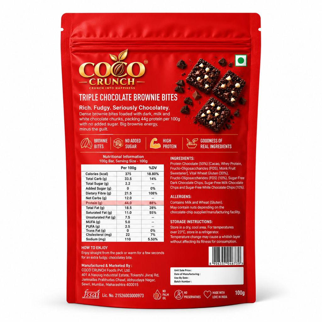 Triple Chocolate • 44g Protein • Sugar Free High Protein Brownies Bites • 100g