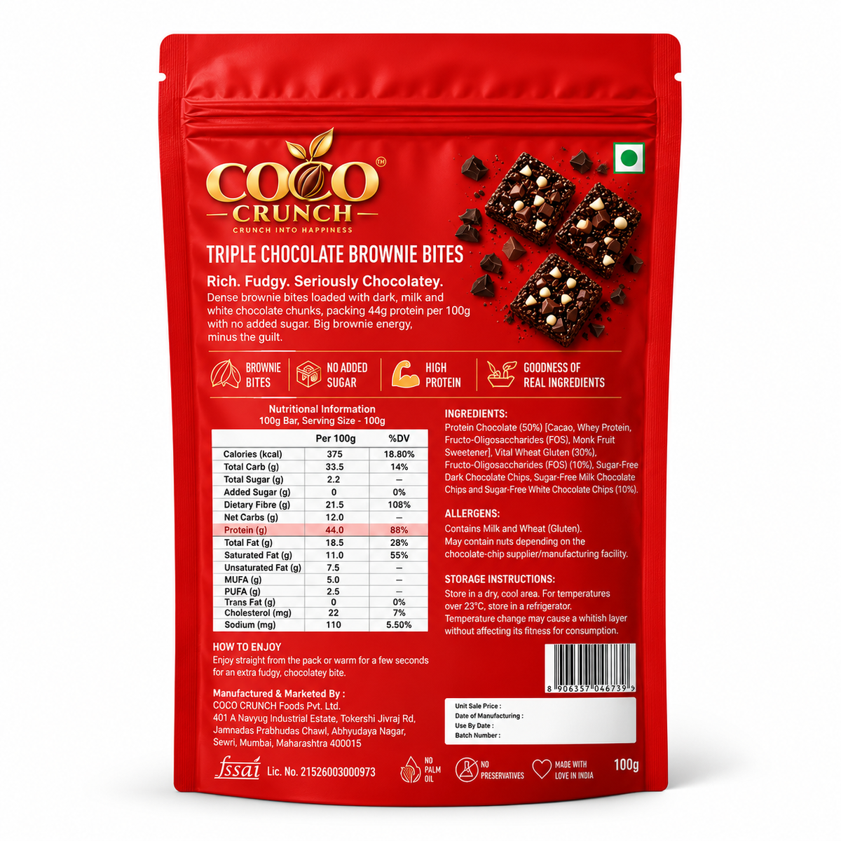 Triple Chocolate • 44g Protein • Sugar Free High Protein Brownies Bites • 100g