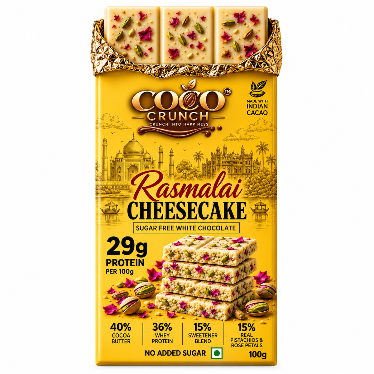 Rasmalai Cheesecake  • 29g Protein • Sugar Free White Chocolate Bar • 100g