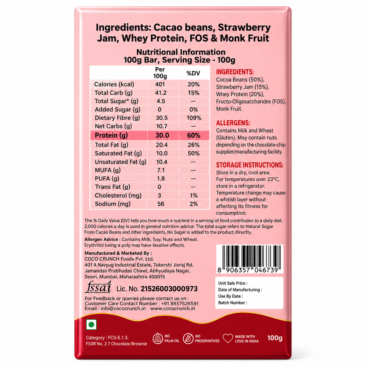 Strawberry Jam ( Sugar Free) • 30g Protein • Sugar Free Center-Filled Chocolate Bar • 100g