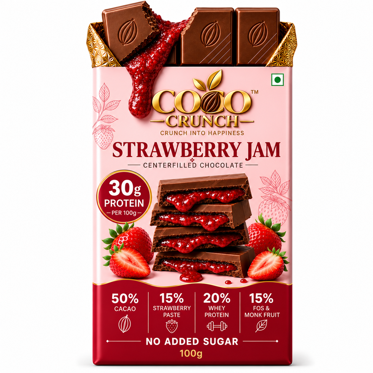 Strawberry Jam ( Sugar Free) • 30g Protein • Sugar Free Center-Filled Chocolate Bar • 100g